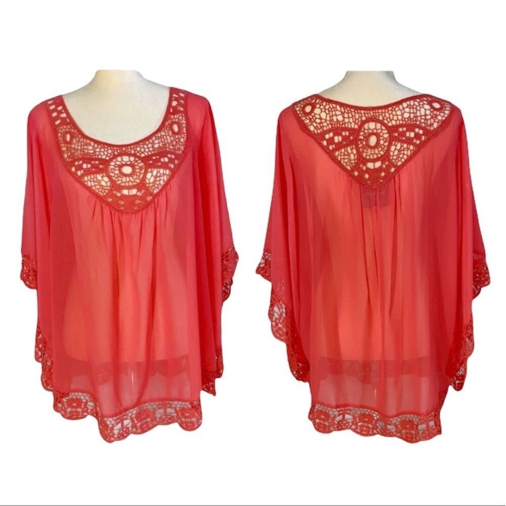 Women’s Blouse Top Sheers With Lace Tunic Size L Coral color Romeo & Juliet - Picture 12 of 13